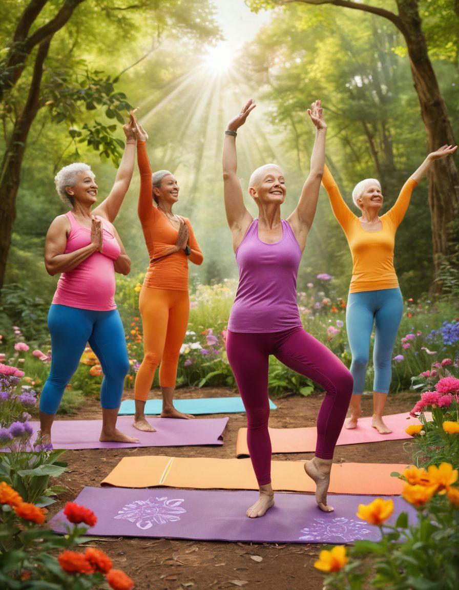 A radiant group of cancer survivors joyfully embracing each other, surrounded by nature, vibrant flowers, and symbols of wellness like yoga mats and herbal remedies. Include a diverse mix of individuals, showcasing their strength and resilience, with uplifting expressions. The atmosphere should feel supportive and nurturing, emphasizing community and healing. super-realistic. vibrant colors. natural setting.