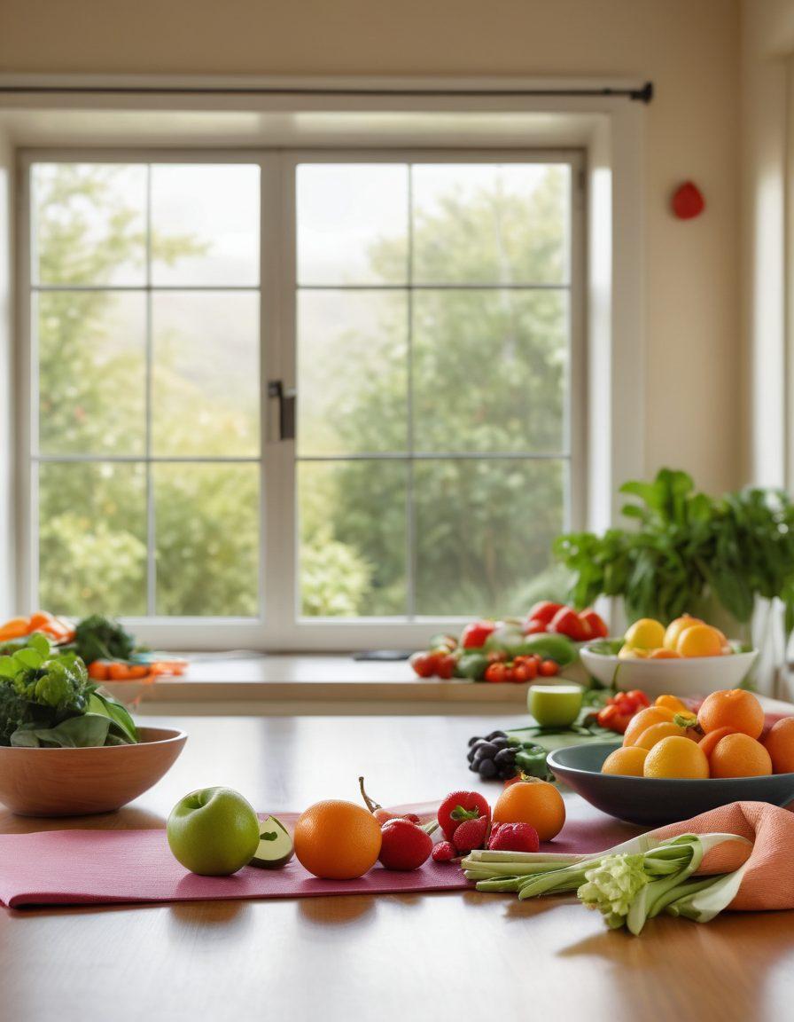 A serene kitchen scene featuring fresh fruits, vegetables, and healthy meals being prepared, symbolizing nutrition. A warm, inviting atmosphere with soft natural light streaming through the window. Incorporate elements like a yoga mat, meditation space, and nature-inspired decor to represent lifestyle changes. Add a subtle overlay of wellness symbols, like a ribbon for cancer awareness. vibrant colors. soft focus.